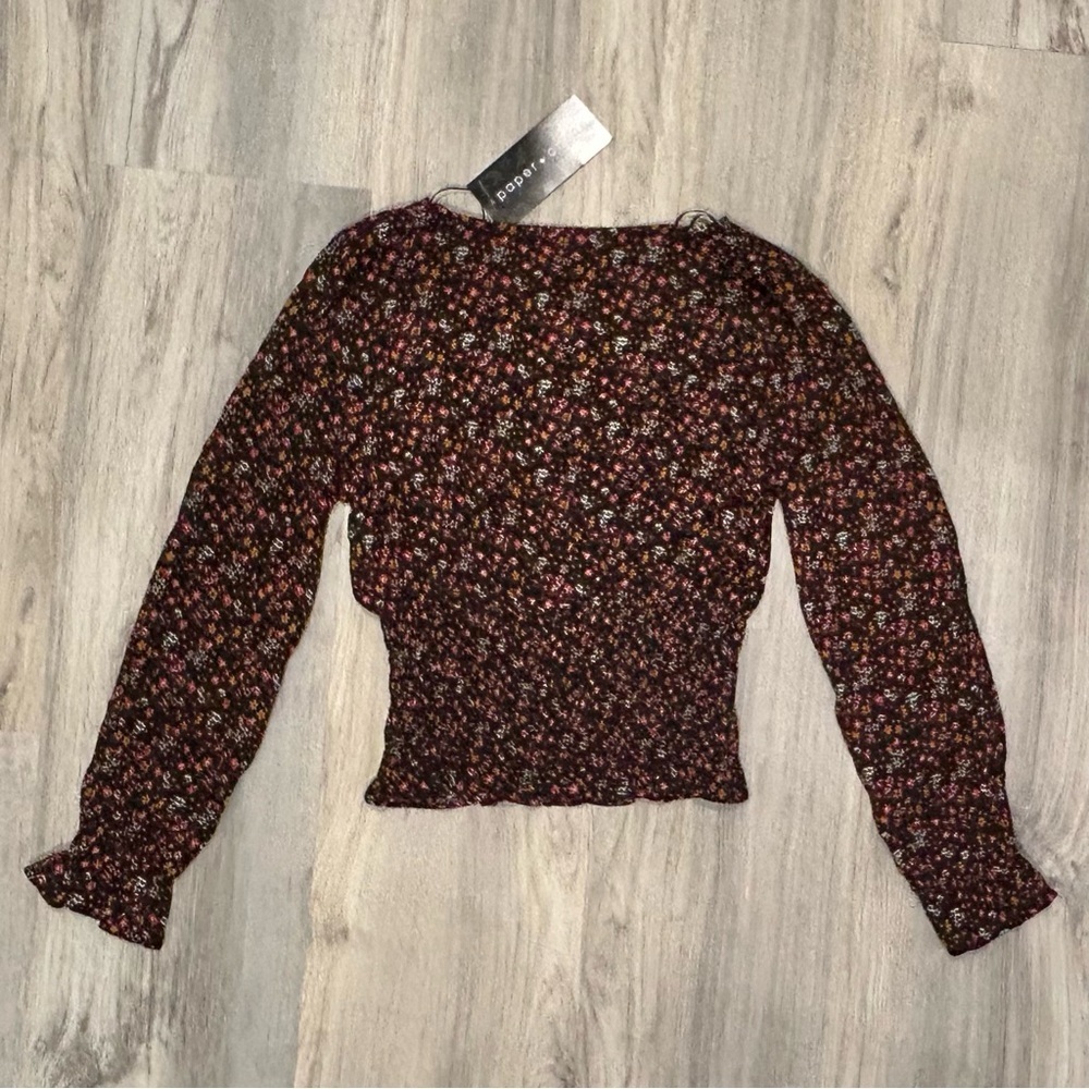 NWT Paper Crane Long Sleeve V Neck Smocked Peasant Top Black Floral Size XS - Picture 6 of 6